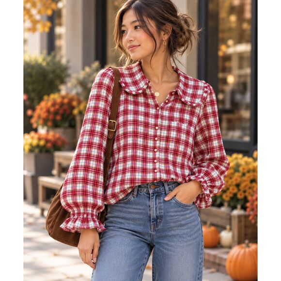 Pilcro Tops - Anthropology Pilcro Keira Plaid Ruffle Peter Pan Collar Blouse Pink Red Size XS